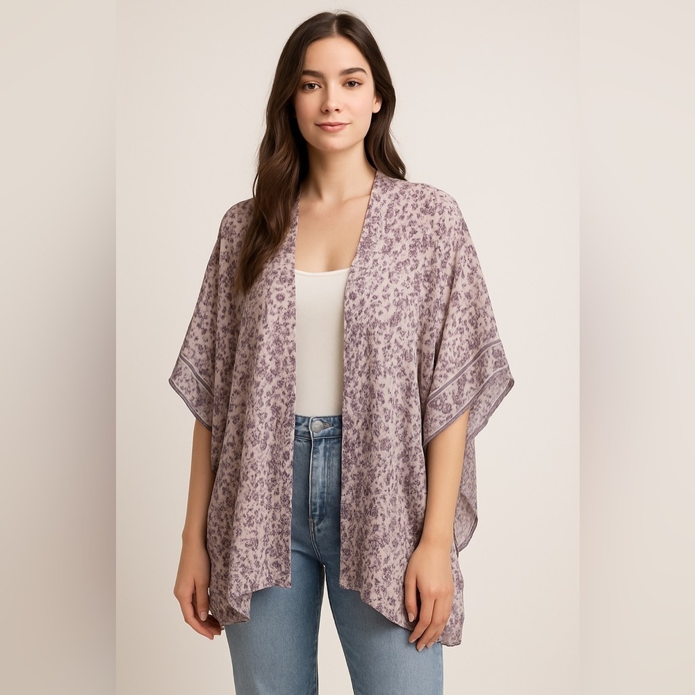 WALLFLOWER Floral Sheer Kimono Blouse L Boho Peasant Beach Coastal Layering Top